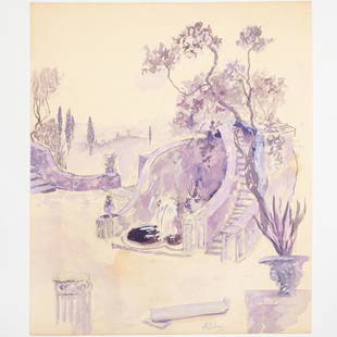 Alexandre Benois (attrib.), mixed media sketch: Alexandre Benois (attrib.), mixed media sketch, Attributed to Alexandre Benois (Russian, 1870-1960), Fountain in Landscape, possibly a set design, watercolor, gouache, and graphite on paper, signed "A