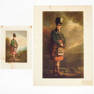 Henry Raeburn, large chromolithograph & mezzotint: Henry Raeburn, large chromolithograph & mezzotint, After Sir Henry Raeburn (Scottish, 1756-1823), "The MacNab", chromolithograph by The Medici Prints, 1938, No. English 47, 30"h x 22"w (sheet), with,