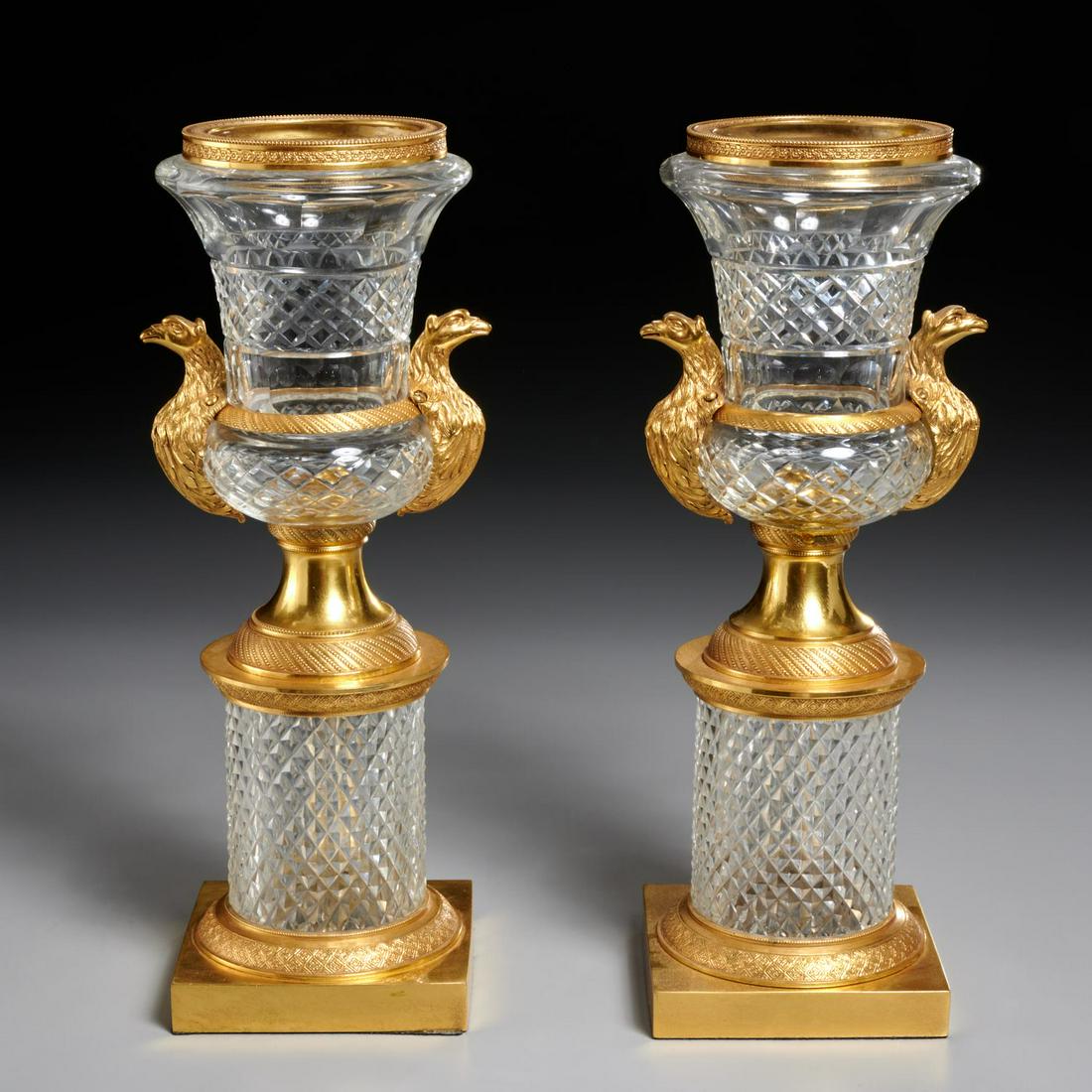 Pair Louis XVI style dore bronze, cut glass urns (1 of 5)