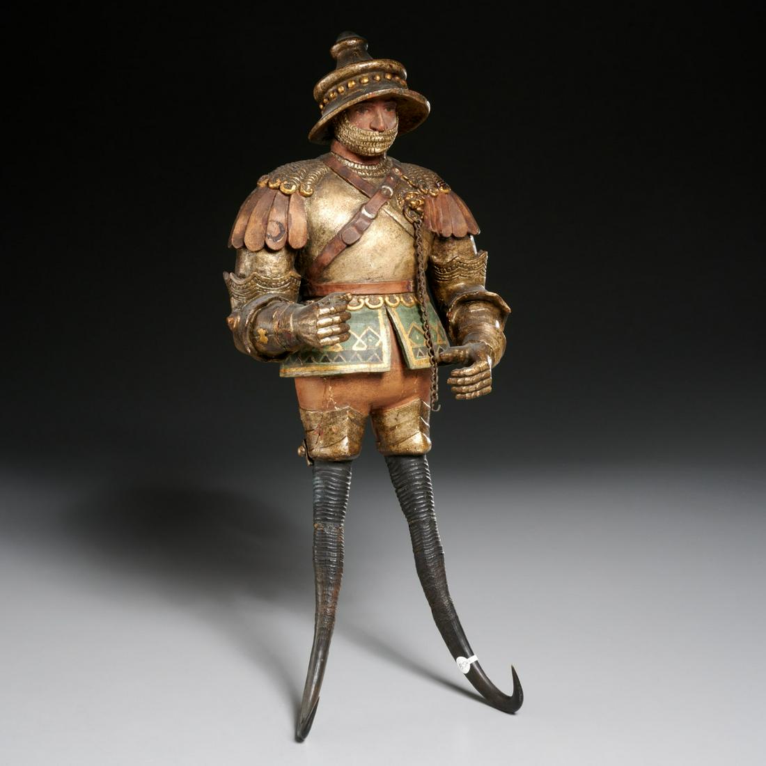 Swiss carved and polychromed wood whip hook (1 of 6)