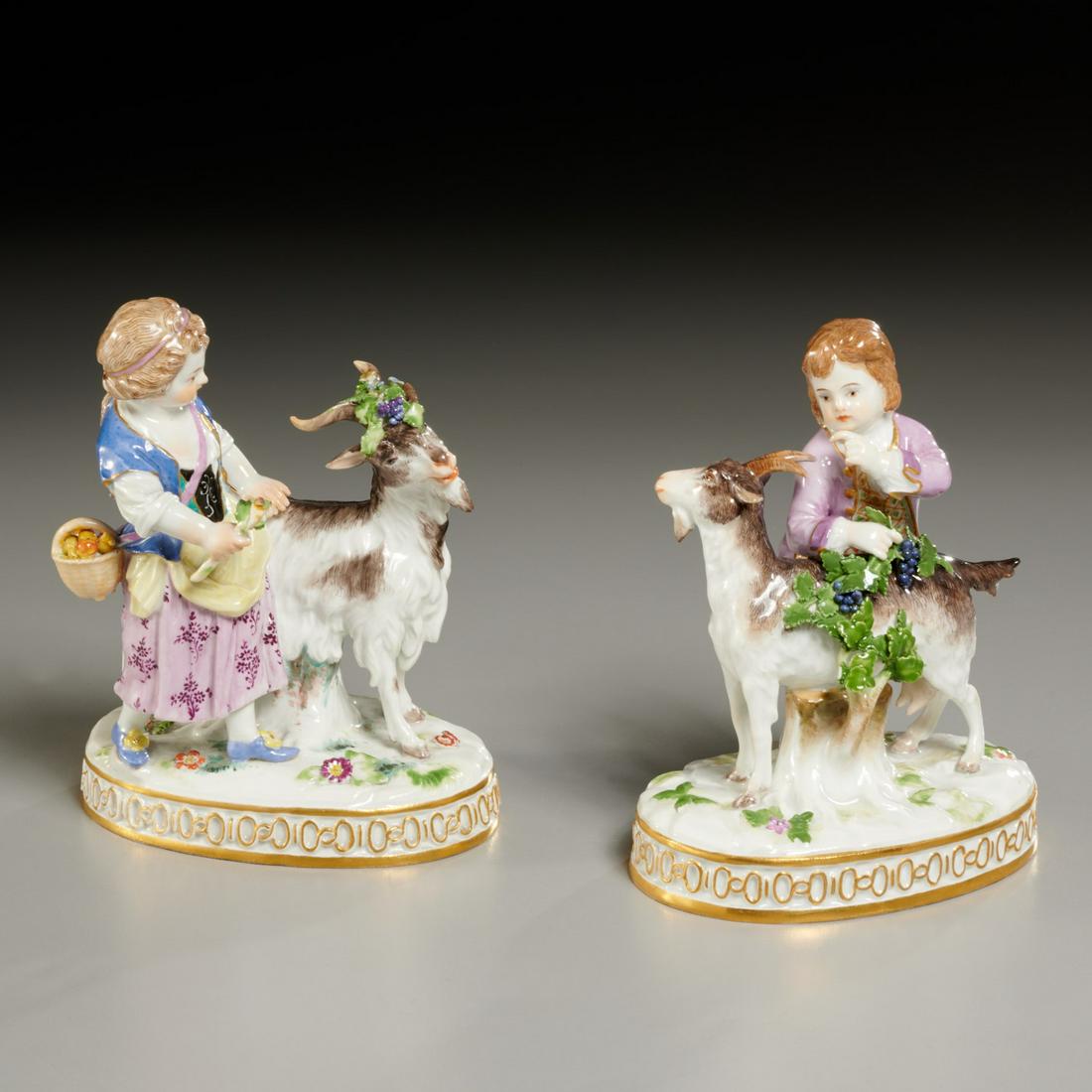 Pair Meissen figures, girl and boy with goats (1 of 6)
