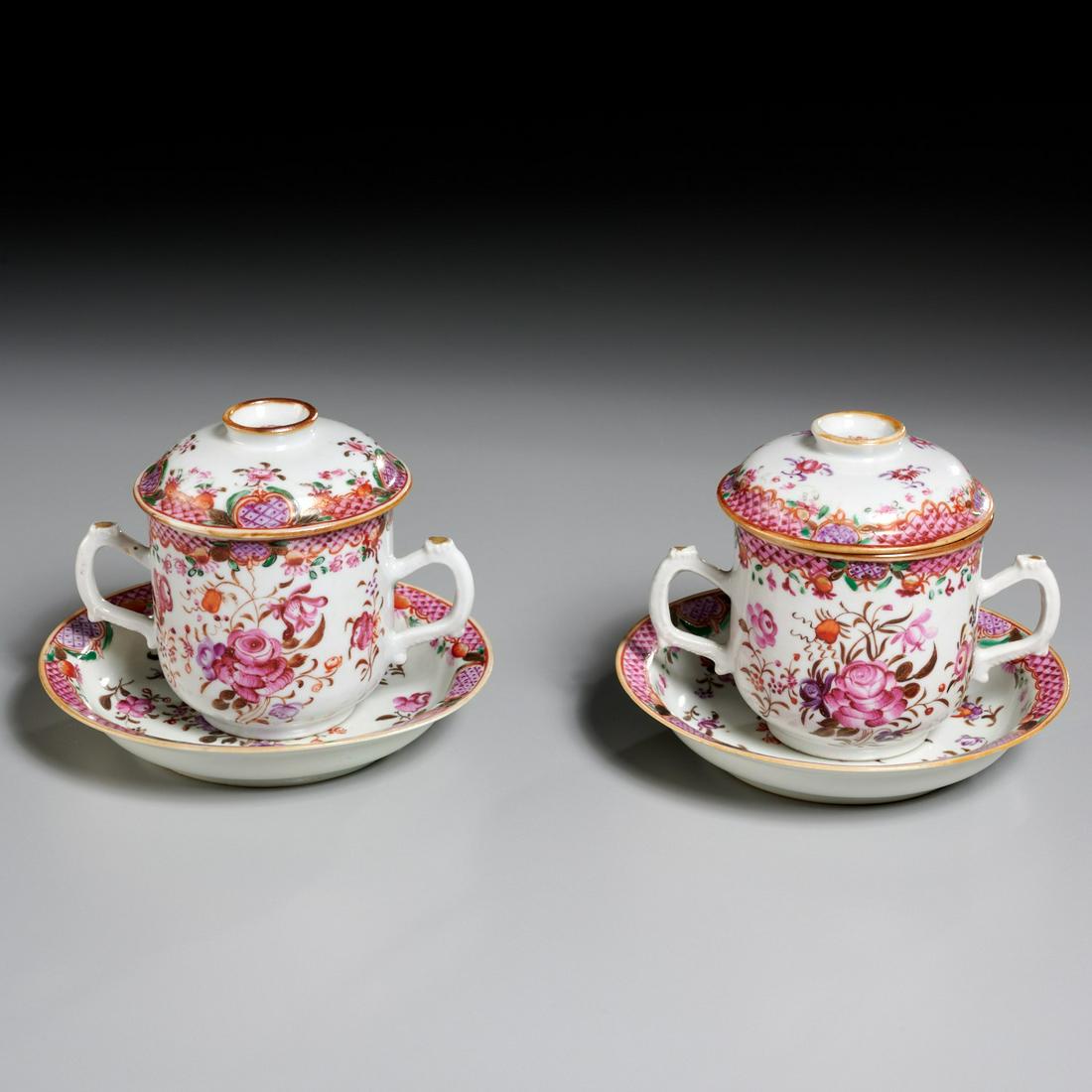 Pair Chinese Export lidded cups and saucers (1 of 5)