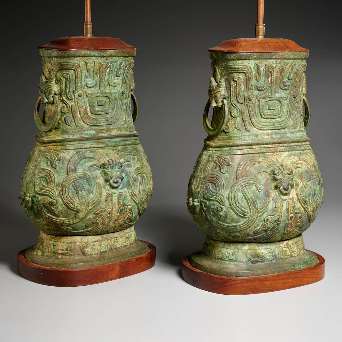 Pair Chinese Archaic style bronze urn lamps (1 of 4)