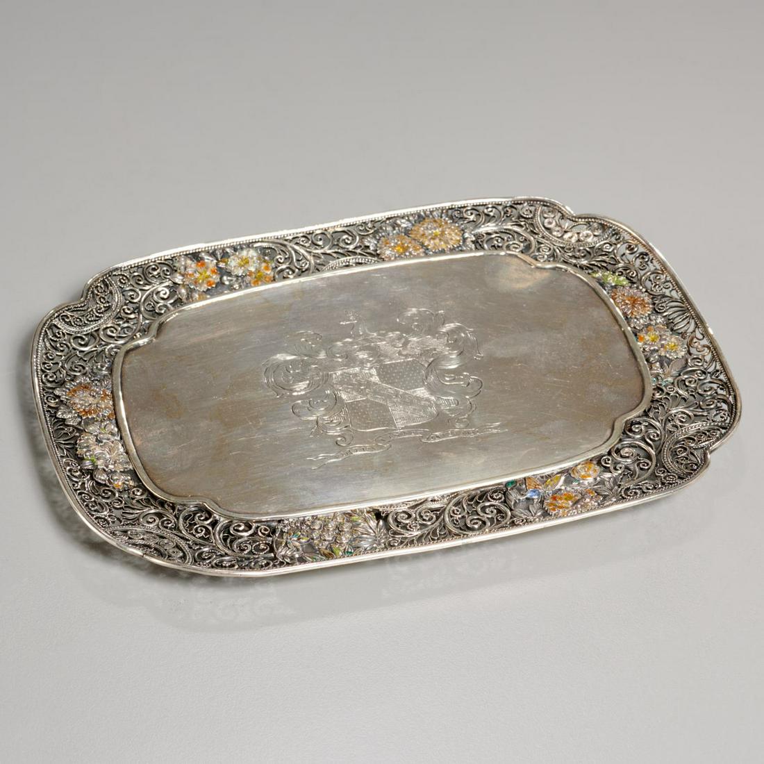 Nice antique enameled silver filigree tray (1 of 6)