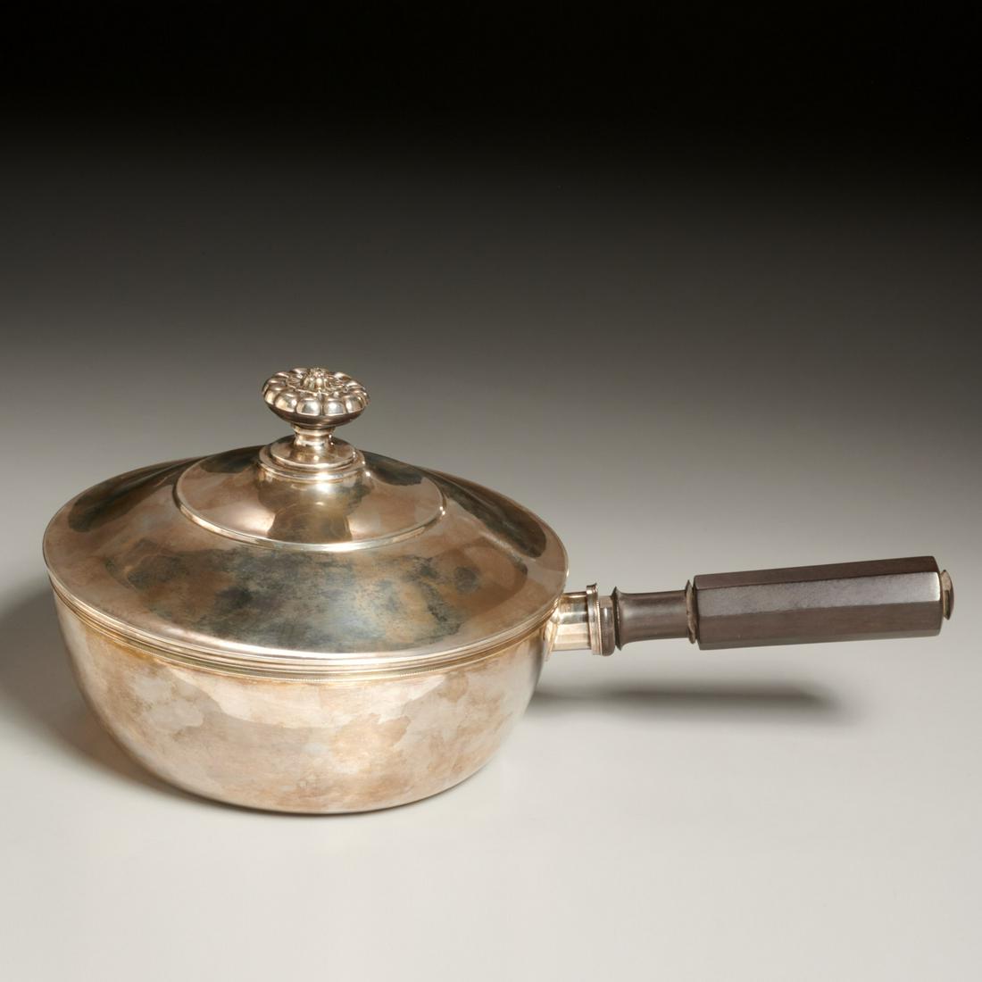 Antique Swiss lidded silver saucier: Antique Swiss lidded silver saucier, c. 1850, Switzerland, purity unknown, the lid set with ebony and silver flower-form handle, pre-standardized Swiss assay and makers marks to underside, 9"h x 14"l