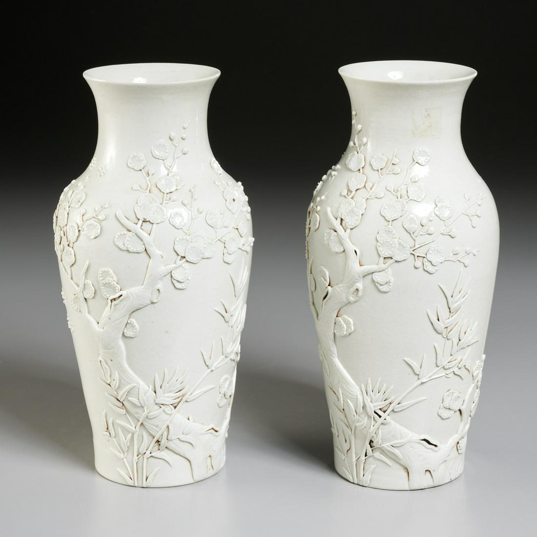 Fine pair Chinese blanc de chine relief vases (1 of 7)