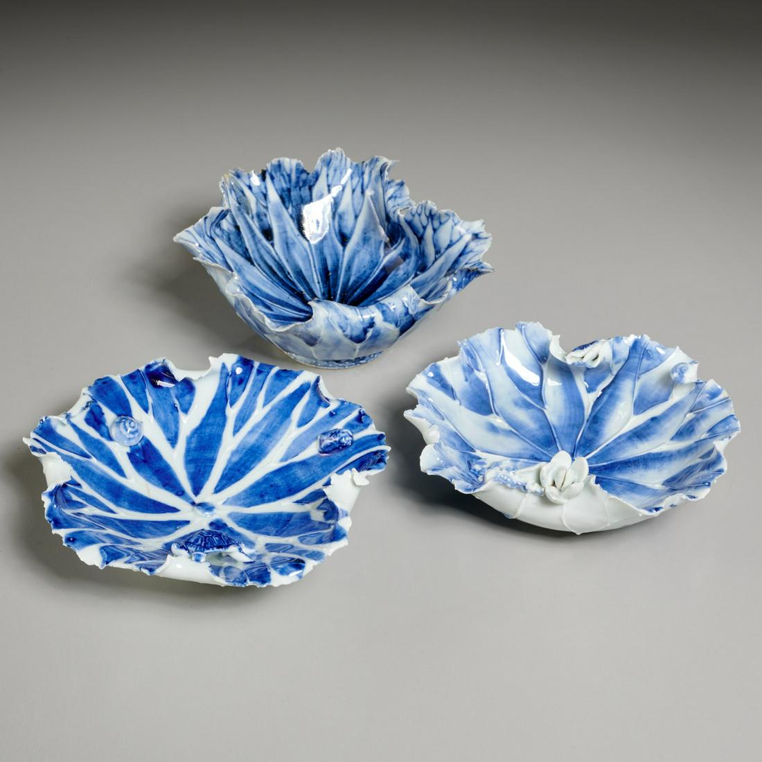 (3) Japanese blue and white leaf bowls (1 of 6)