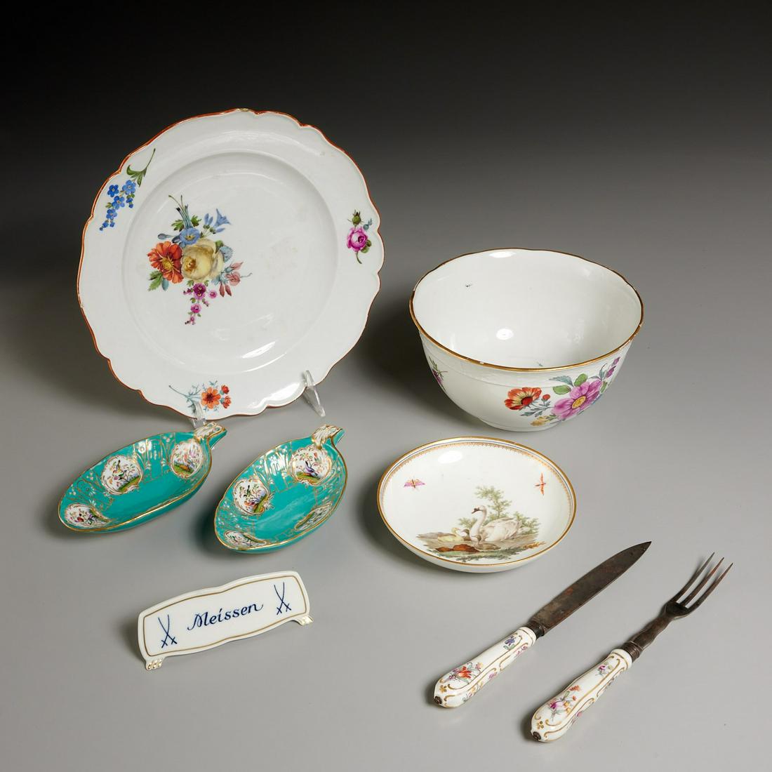 Group Meissen hand-painted porcelains: Group Meissen hand-painted porcelains, 19th/20th c., (8) pieces, incl. a floral dish with scalloped edge, floral bowl, pair of spoon rests in bird motif, swan decorated small saucer dish, and a "Meiss