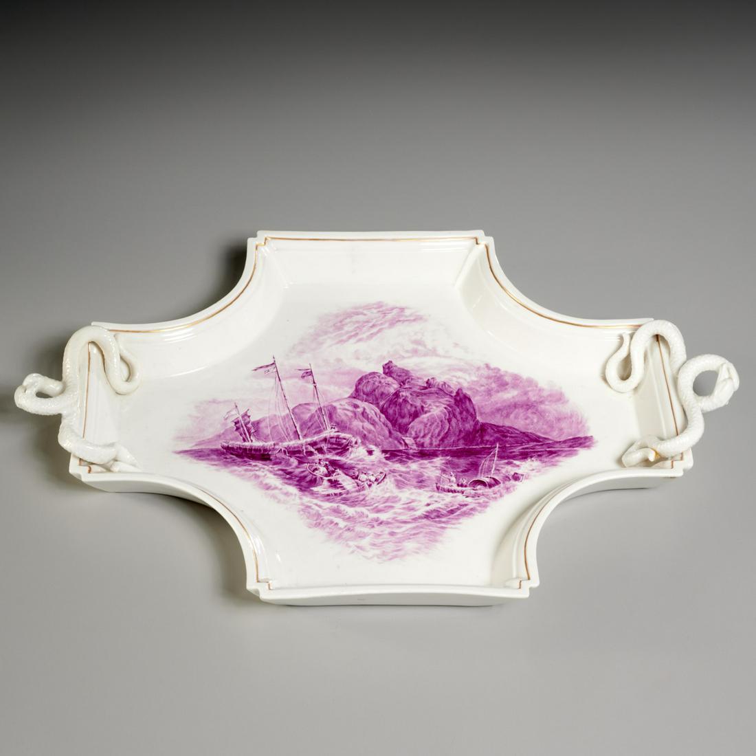 Meissen panel-decorated porcelain tray: Meissen panel-decorated porcelain tray, 19th c., Germany, monochrome purple enameled porcelain, the cruciform plate painted with a scene of a shipwreck, writhing snake handles, blue underglaze crossed