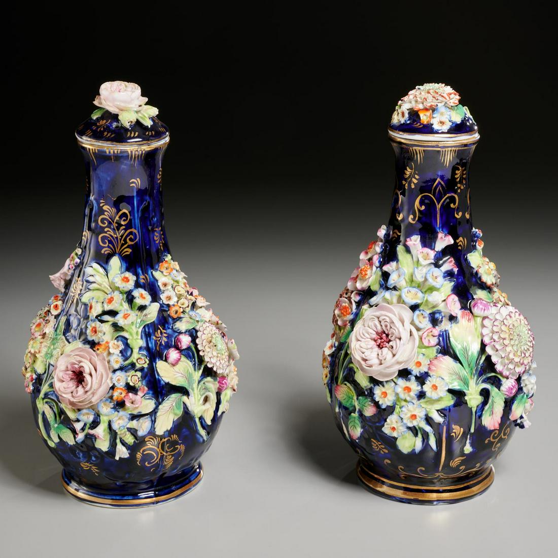 Pair Derby flower encrusted vases and covers (1 of 10)