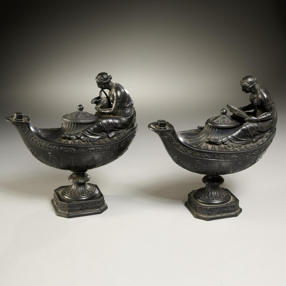 Pair Wedgwood black basalt oil lamps (1 of 5)
