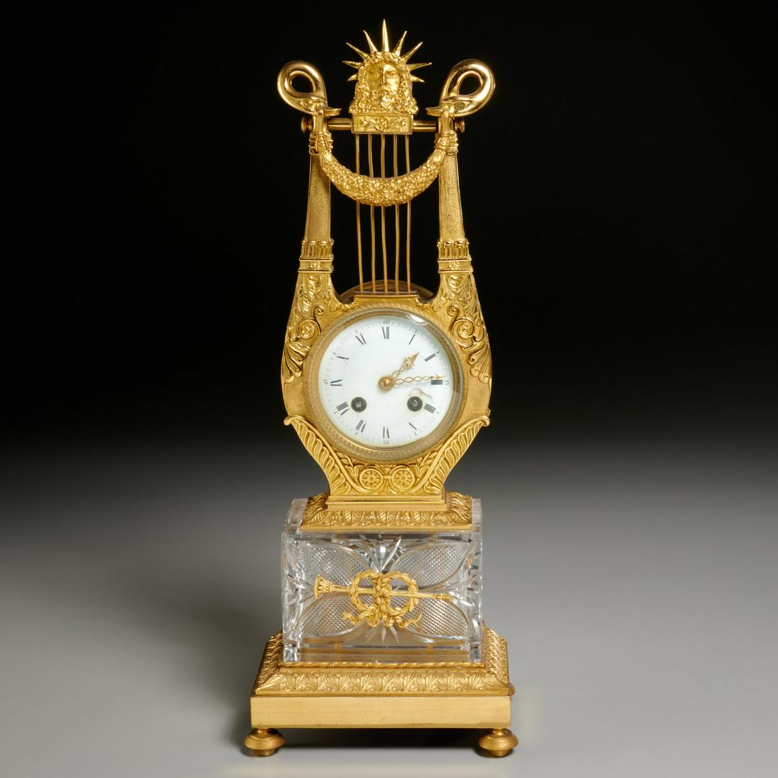 Empire ormolu and crystal lyre-form mantel clock (1 of 6)