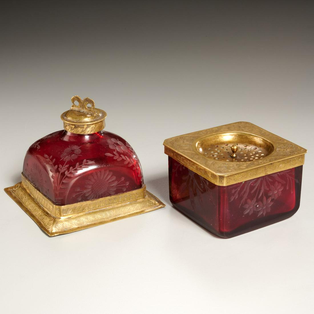 Antique brass, cranberry glass inkwell & sander (1 of 6)