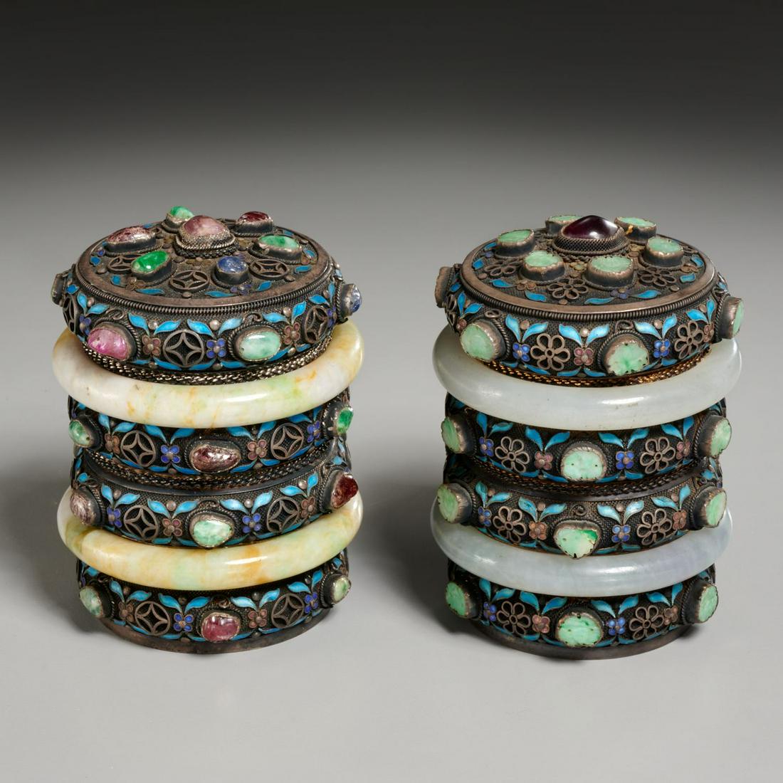 Pair Chinese jade mounted silver cloisonne boxes (1 of 9)