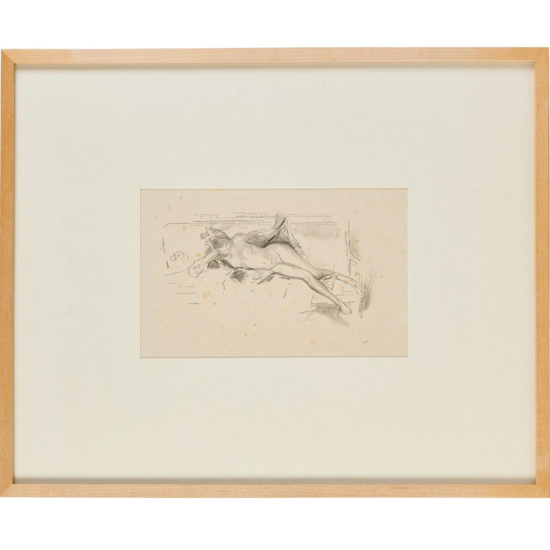 James A.M. Whistler, b/w lithograph, 1893: James A.M. Whistler, b/w lithograph, 1893, James Abbott McNeill Whistler (American, 1834-1903), Nude Model, Reclining (W. 47; L. 75; S. 73), matted and framed under plexiglass, 6.5"h x 10"w (sight), 1