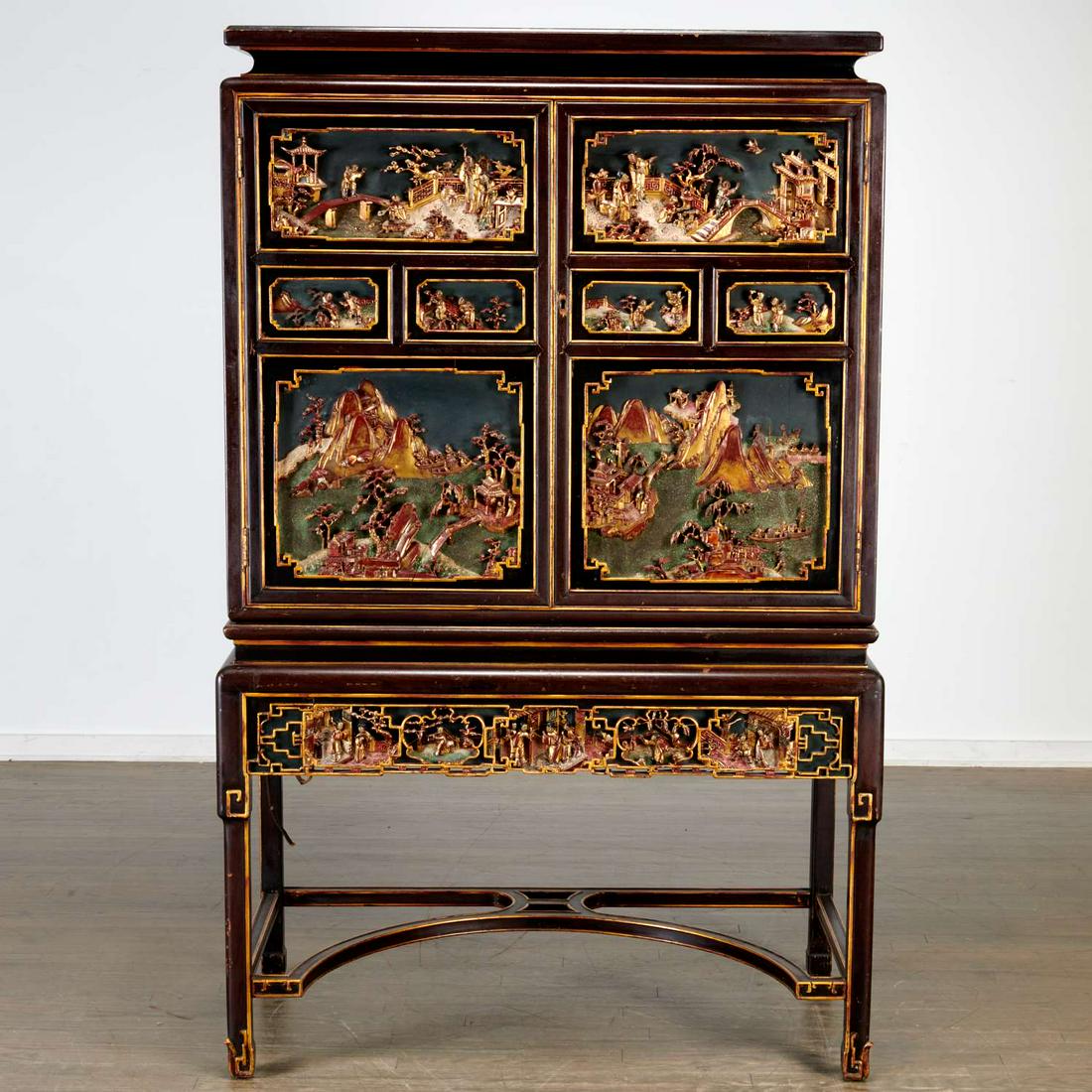 Chinese Export carved lacquered cabinet on stand (1 of 10)