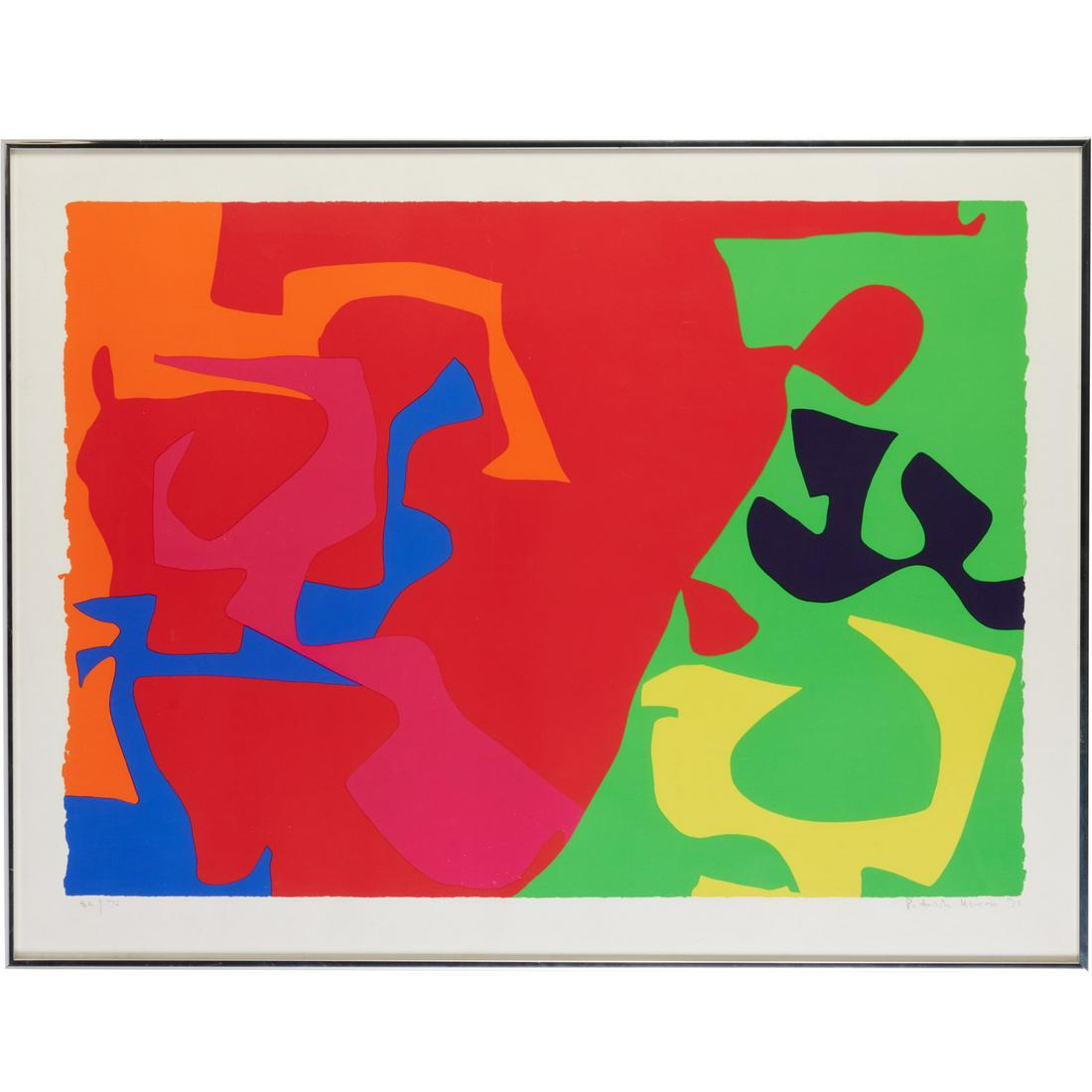 Patrick Heron, color screenprint, 1973: Patrick Heron, color screenprint, 1973, Patrick Heron (British, 1920-1999), January (plate 7), pen signed and dated lower right, numbered 52/72 lower left, gallery label verso, chrome slat frame, unde