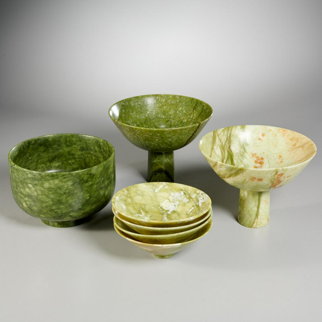 Group Chinese Modernist green hardstone bowls (1 of 5)