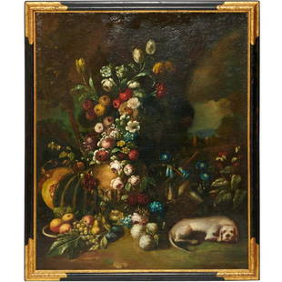 Rachel Ruysch (attrib.), oil on canvas, 18th c.: Rachel Ruysch (attrib.), oil on canvas, 18th c., Attributed to Rachel Ruysch (Dutch, 1664-1750), Floral Still Life with Gourds, Fruit and Dog, no signature observed, old label verso, 48"h x 40"w (sigh