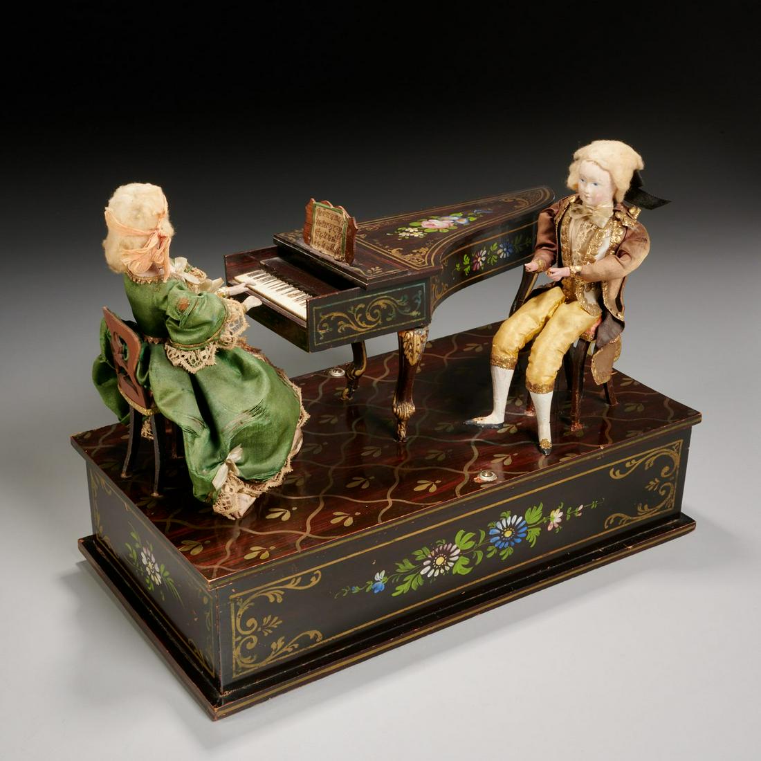 Musical automaton by Rzebitschek of Prague: Musical automaton by Rzebitschek of Prague, 19th c., Czechoslovakia, papier mache, music student and teacher dressed in silk costumes, with original wool wigs, seated before a paint-decorated piano ra