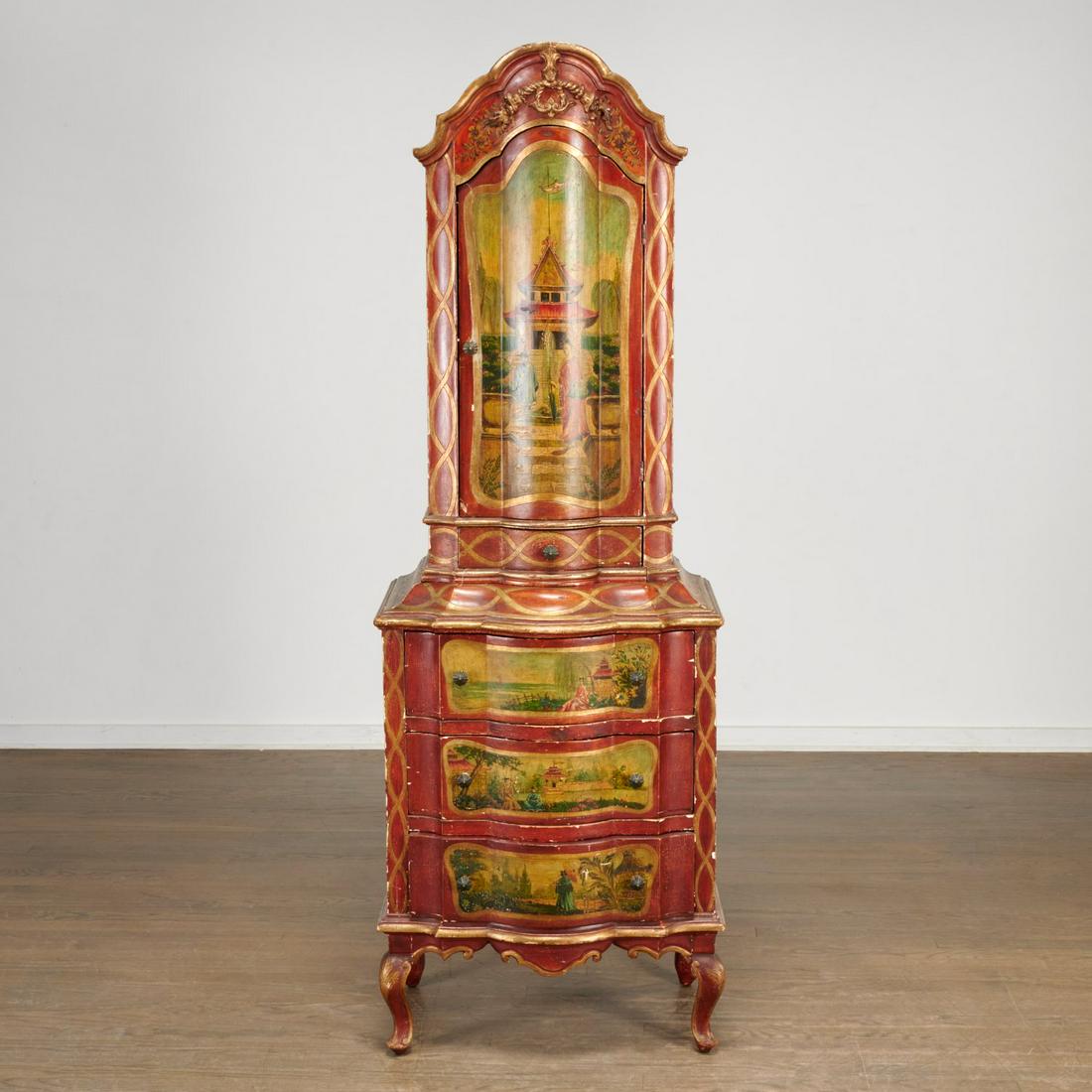 Venetian gilt and scarlet lacquered bureau cabinet (1 of 7)