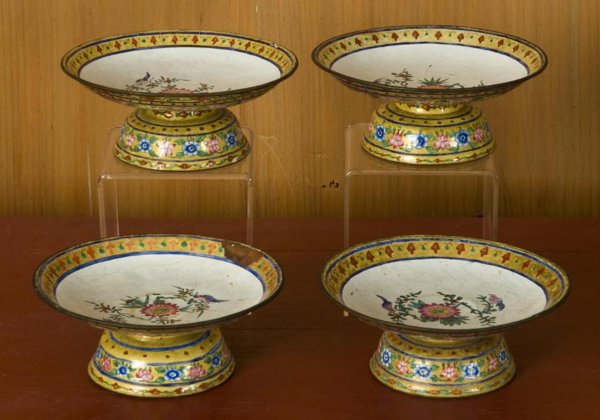 Set (4) antique Chinese Southeast Asian market enam: Set (4) antique Chinese Southeast Asian market enamel dishes, 19th Century, each footed bowl with bird and branch decoration on a domed foot, 2.5"h x 6.25"dia. Provenance: The Doris Duke Foundation