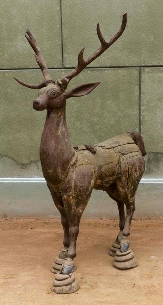 Antique Burmese carved and painted wood stag: Antique Burmese carved and painted wood stag, 19th Century, modeled in a standing pose with 3-by-3 rack, 62"h x 37"l x 32"w Provenance: The Doris Duke Foundation