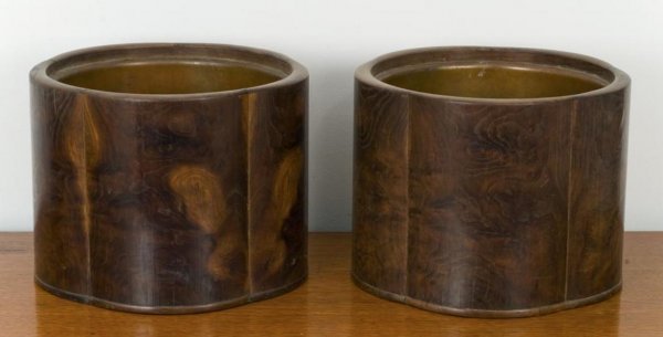 Pair antique Japanese elmwood jardinieres: Pair antique Japanese elmwood jardinieres, Meiji period, each of lobed circular shape with copper liners, 9"h x 12"dia. Provenance: The Doris Duke Charitable Foundation