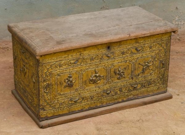 Antique Burmese giltwood scripture chest: Antique Burmese giltwood scripture chest, 19th Century, with raised gilt and inlaid mirror decoration, 15.25"h x 27.75"l x 15.75"d Provenance: The Doris Duke Foundation