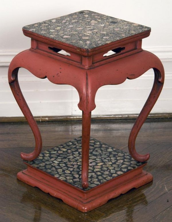 Antique Japanese Negoro style lacquer temple table: Antique Japanese Negoro style lacquer temple table, Probably Meiji Period, with mother-of-pearl inlaid top, 18"h x 12.5"squ. Provenance: The Doris Duke Charitable Foundation, purchased from The Lanter