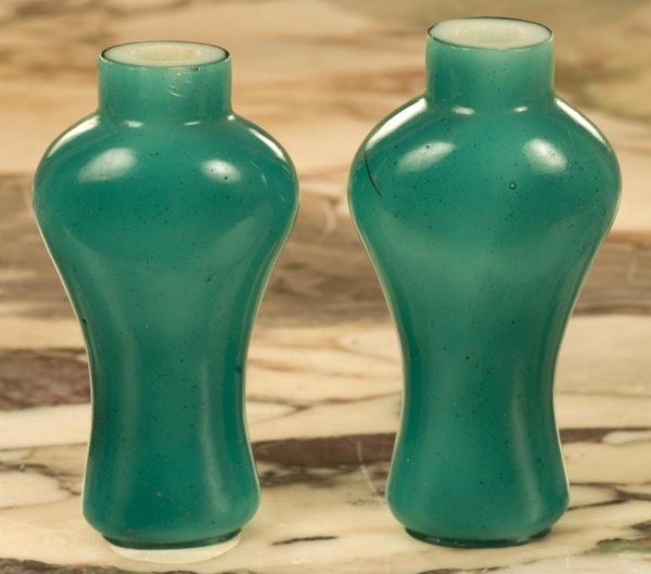 Pair antique turquoise cased Peking glass snuff bo: Pair antique turquoise cased Peking glass snuff bottles, Qing Dynasty, of baluster shape, larger: 3"h x 1.5"w x 1"d Provenance: The Doris Duke Charitable Foundation