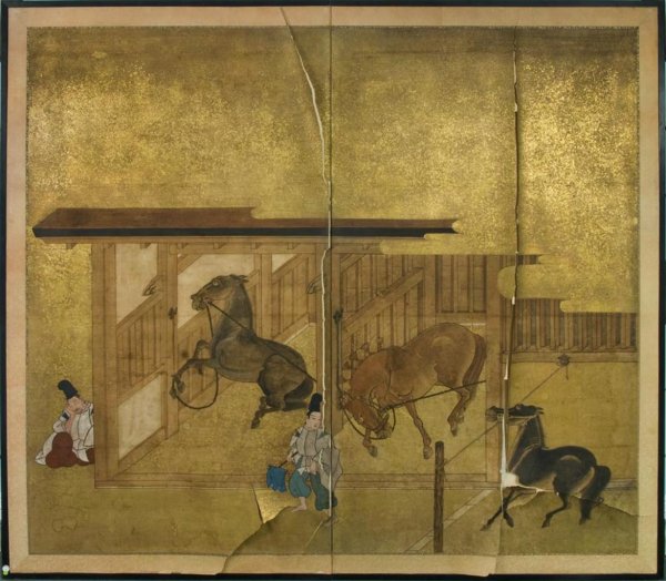 Antique Japanese hand-painted 2-panel screen: Antique Japanese hand-painted 2-panel screen, 19th Century, depicting a stable scene with trainer and rearing horses, unsigned, 60" x 68.5" (image), 65.5" x 75" (total) Provenance: The Doris Duke Char