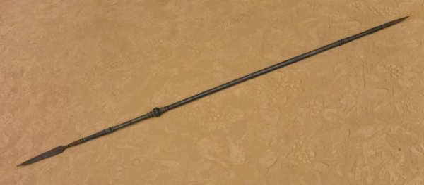 Antique Thai silver overlaid spear: Antique Thai silver overlaid spear, 19th/20th Century, the shaft with turned fittings and iron spear points, 101"l x 1.5"w Provenance: The Doris Duke Foundation
