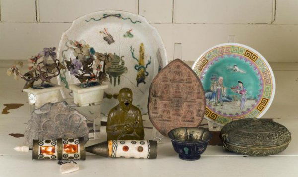 Group of Asian & Tibetan decorative objects and ar: Group of Asian & Tibetan decorative objects and artifacts, 19th and 20th Century, including: (2) Chinese porcelain dishes; (2) jade trees; (1) Tibetan clay tablet; (1) Tibetan brass box; (1) Asian sto