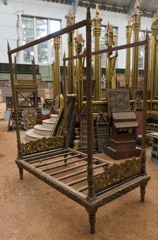 Southeast Asian carved giltwood tester bed: Southeast Asian carved giltwood tester bed, First half 20th Century, probably Burmese, 97"h x 81.5"l x 46"w Provenance: The Doris Duke Foundation