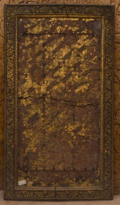Antique Southeast Asian giltwood panel: Antique Southeast Asian giltwood panel, 19th Century, probably Thai, the gilt burlwood panel with linear design within a floral-carved frame, 57.5"h x 32"w Provenance: The Doris Duke Foundation