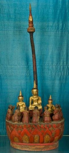 Antique Burmese carved and lacquered group of Budd: Antique Burmese carved and lacquered group of Buddha and adorants, 19th/20th Century, 30.75"h x 13.25"w x 9.5"d Provenance: The Doris Duke Foundation