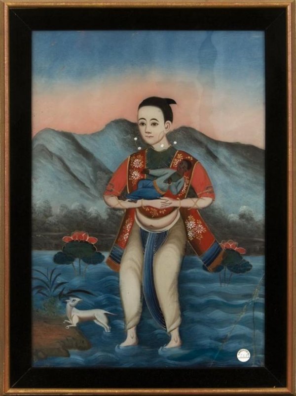 Antique Indo-Persian reverse painting on glass: Antique Indo-Persian reverse painting on glass, 19th Century, depicting a woman carrying a child through a river, 19.5" x 13.25" (sight), matted and framed Provenance: The Doris Duke Charitable Founda