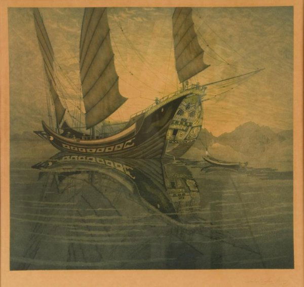 John Taylor Arms (1887-1953, American), aquatint: John Taylor Arms (1887-1953, American), aquatint, "Chinese Junk", color aquatint, pencil-signed, 13.25" x 13.5 (sight), matted and framed Provenance: The Doris Duke Charitable Foundation, purchased fr