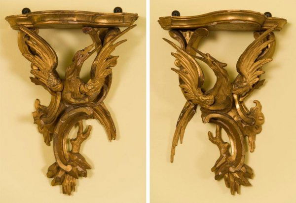 Pair antique George III style giltwood wall bracke: Pair antique George III style giltwood wall brackets, 19th Century, in the manner of Thomas Chippendale, each molded top on a phoenix bird and rococo scroll-carved support, 14"h x 10.5"w x 5.5"d Prove