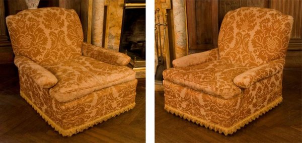Pair Renaissance style brocade club chairs: Pair Renaissance style brocade club chairs, Early 20th Century, upholstered in a yellow ochre and cream fabric, 35"h x 38"w x 36"d Provenance: The Doris Duke Charitable Foundation