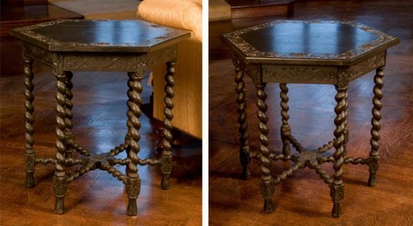 Pair Jacobean style ebonized oak side tables: Pair Jacobean style ebonized oak side tables, Early 20th Century, each with polygonal top on barley-twist supports, 28"h x 26"squ. Provenance: The Doris Duke Charitable Foundation