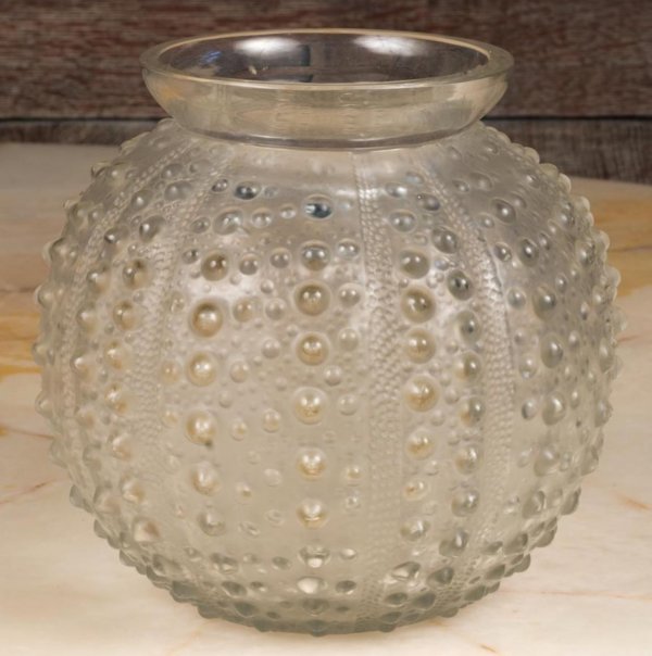 Lalique, France frosted glass Oursin vase: Lalique, France frosted glass vase, Globular in shape with studded design, 7.5"h x 7.5"w Provenance: The Doris Duke Charitable Foundation