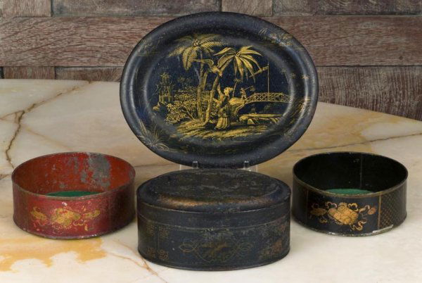 Group antique Chinoiserie decorated toleware: Group antique Chinoiserie decorated toleware, (4) pieces, comprising: (2) bottle coasters; (1) oval tray and (1) oval box, tray: 8.5"l x 7"w, larger coaster: 2"h x 5.25"dia. Provenance: The Doris Duke