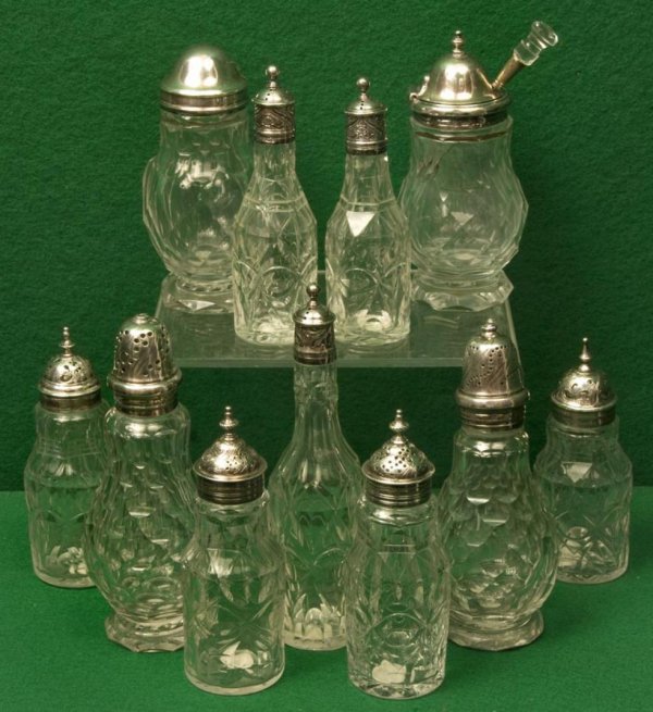 Collection English sterling and plated cruet bottl: Collection English sterling and plated cruet bottles, (11) pieces total, seven with 19th Century hallmarks, largest: 7.25"h, smallest: 5.25"h Provenance: The Doris Duke Charitable Foundation