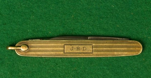 14K gold pen knife monogrammed "JBD": 14K gold pen knife monogrammed "JBD", For James Buchanan Duke, stamped "14K", 3"l Provenance: The Doris Duke Charitable Foundation
