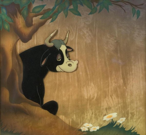 Disney animation cel from "Ferdinand the Bull": Disney animation cel from "Ferdinand the Bull", On courvoisier background, 8.25" x 8.75"(sight), matted and framed Provenance: The Doris Duke Charitable Foundation, Courvoisier Galleries, San Francisc