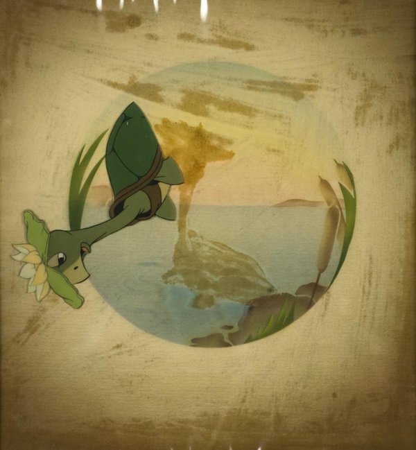 Disney animation cel from "Snow White": Disney animation cel from "Snow White", Swimming turtle, mat inscribed "Coming up for air - Colonel T.T", 7.5" x 6.75" (sight), matted and framed Provenance: The Doris Duke Charitable Foundation