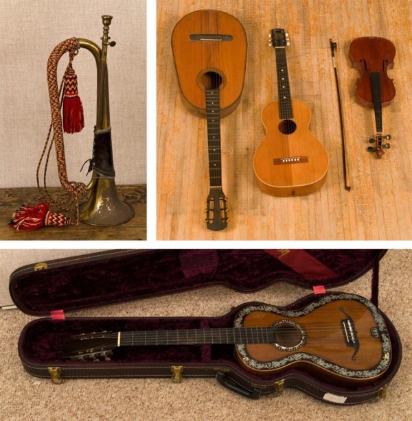Group (5) decorative brass and string instruments: Group (5) decorative brass and string instruments, Including: (3) guitars, one with mother-of-pearl inlay, (1) violin with bow, and (1) French bugle, largest: 38"l Provenance: The Doris Duke Charitabl