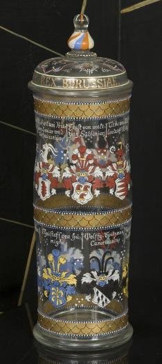 Antique Saxon style enameled glass jar and cover: Antique Saxon style enameled glass jar and cover, "Vivat Rex Borussiae", decorated with family arms and mottos, 15"h x 4.5"dia. Provenance: The Doris Duke Charitable Foundation